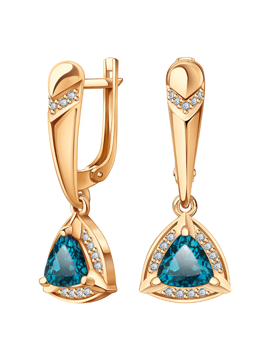 Серьги подвески золотые 585 с синими топазами и фианитами  | 2101233-00740