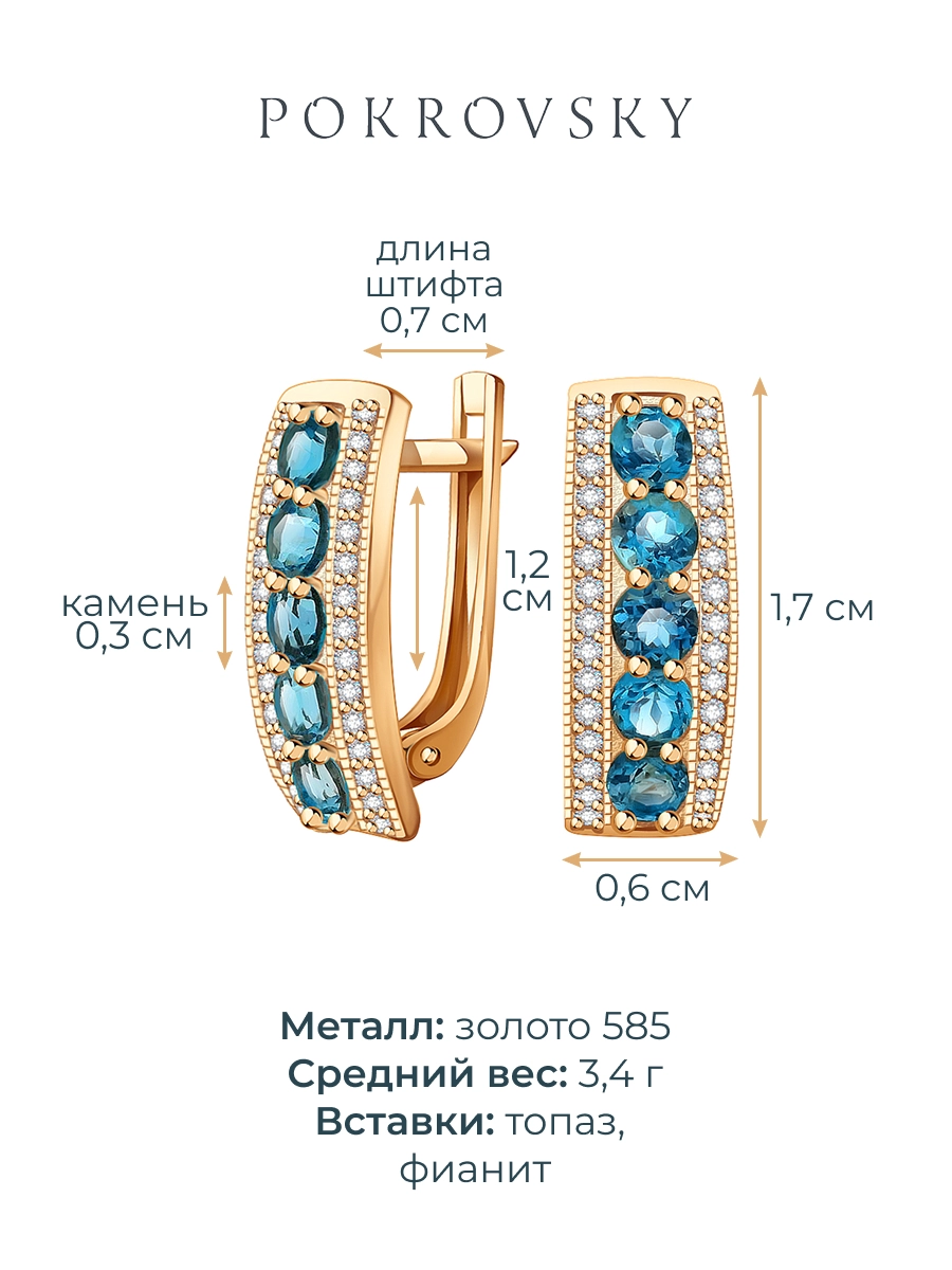 Серьги золотые 585 с лондон‑блю топазами и фианитами  | 2101143-00740
