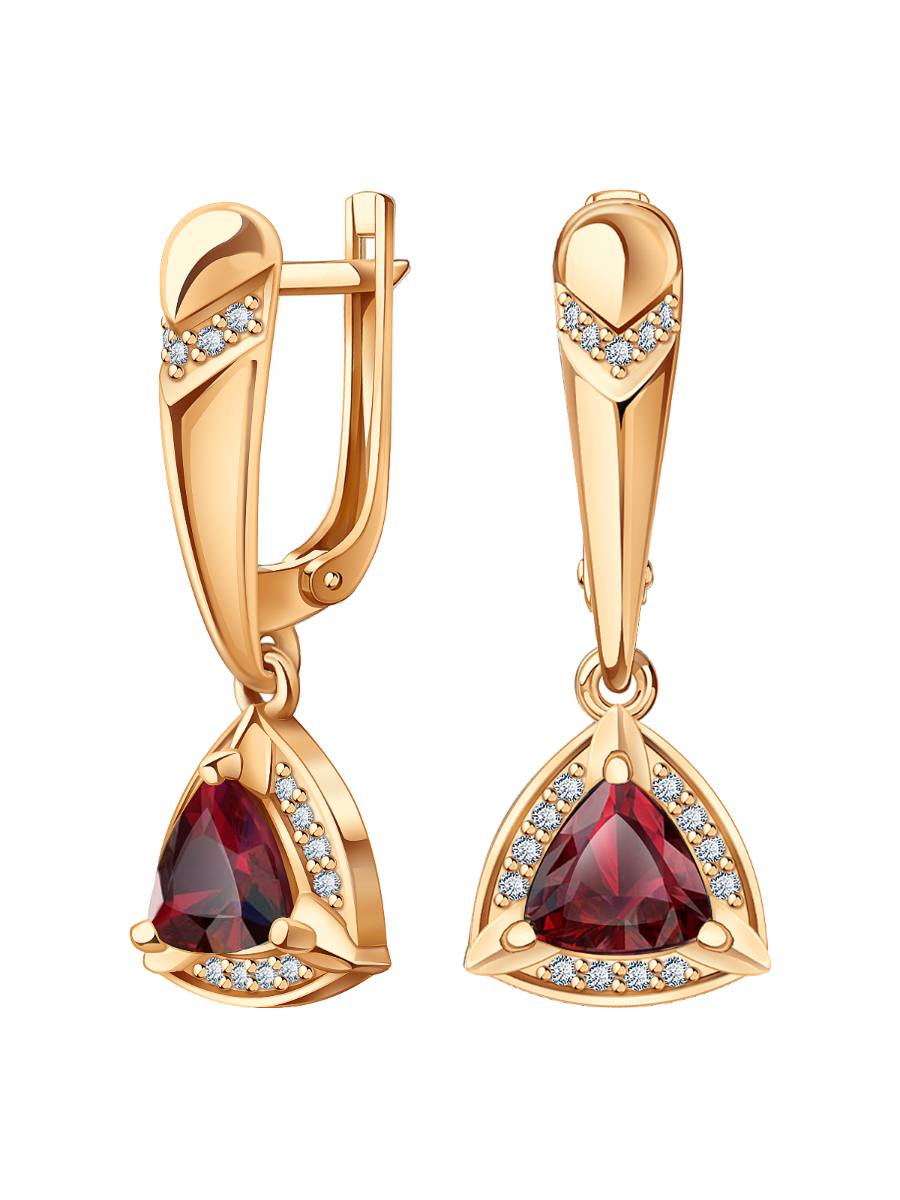 Серьги подвески золотые 585 треугольники с гранатами и фианитами  | 2101233-00320