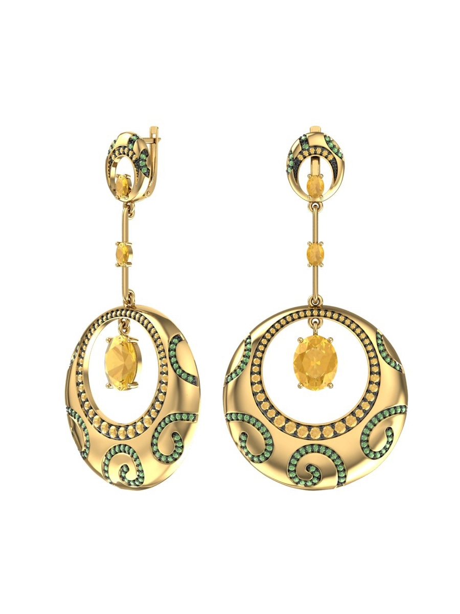 Серьги длинные золотые 585 с цитринами и цаворитами | 9200821-00311