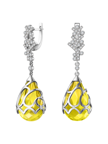 Серьги подвески из белого золота 585 с цитрином и бриллиантами