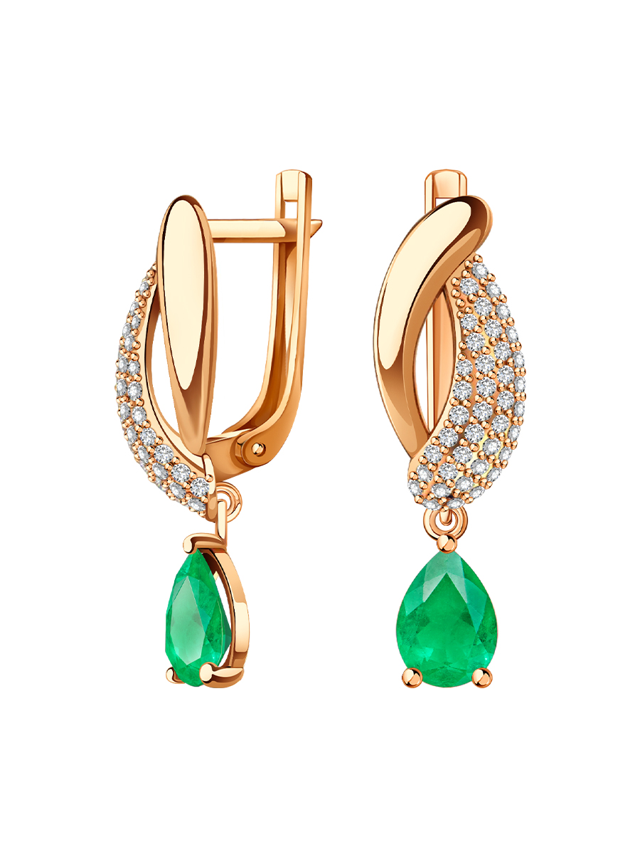 Серьги подвески золотые 585 с изумрудами и бриллиантами | 2100970-00060