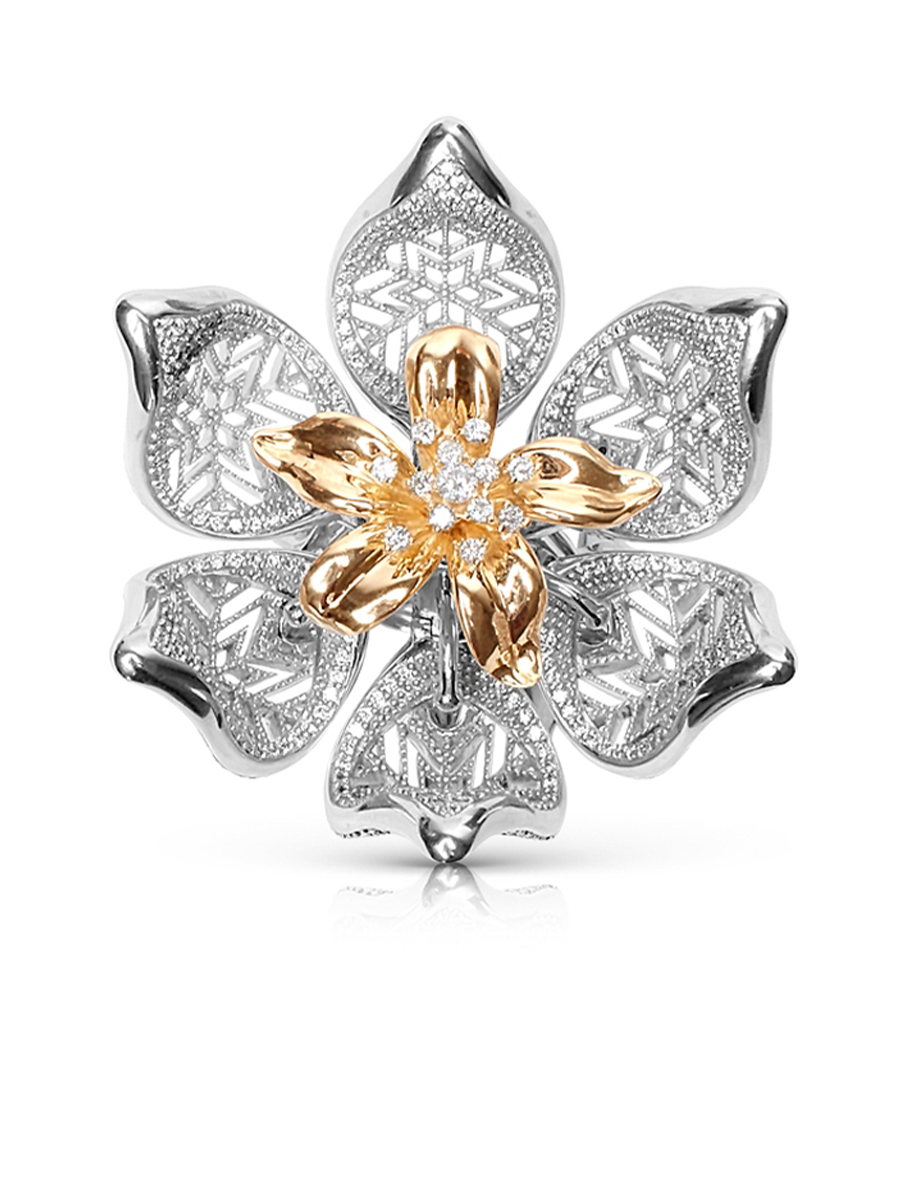 Кольцо эксклюзивное золотое 585 Бутон лотоса с бриллиантами и сапфирами | 9100315-00058