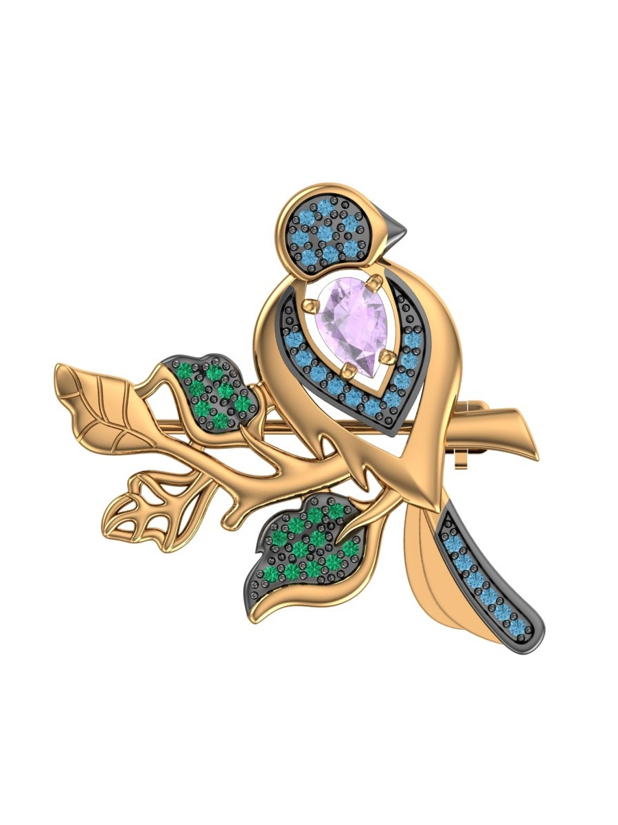 Брошь золотая 585 птица с аметистом и фианитами | 2700096-04720