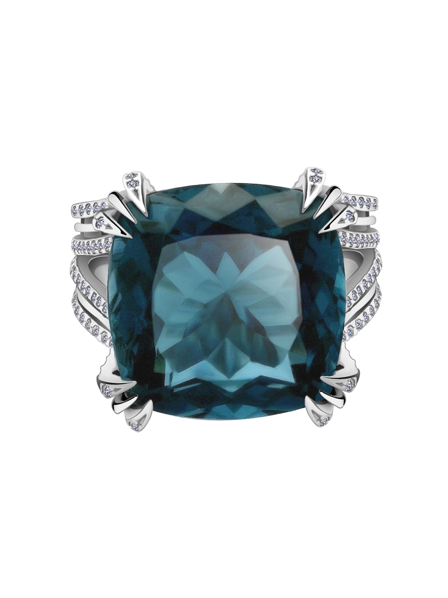 Кольцо из белого золота 585 с синим топазом  и бриллиантами | 9101355-03932