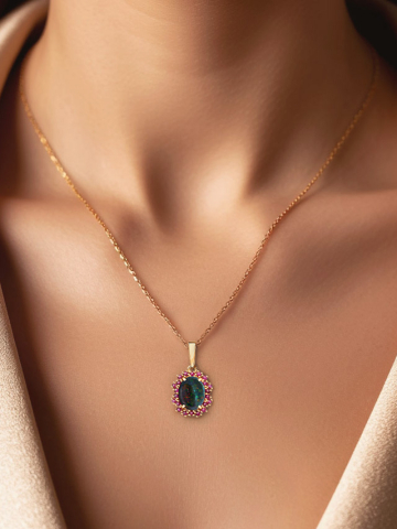 Подвеска золотая 585 с зеленым опалом и рубинами 