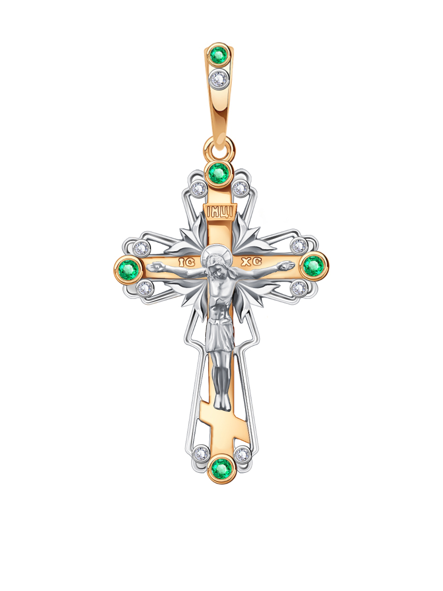 Крест православный золотой 585 с изумрудами и бриллиантами | 0800249-00066