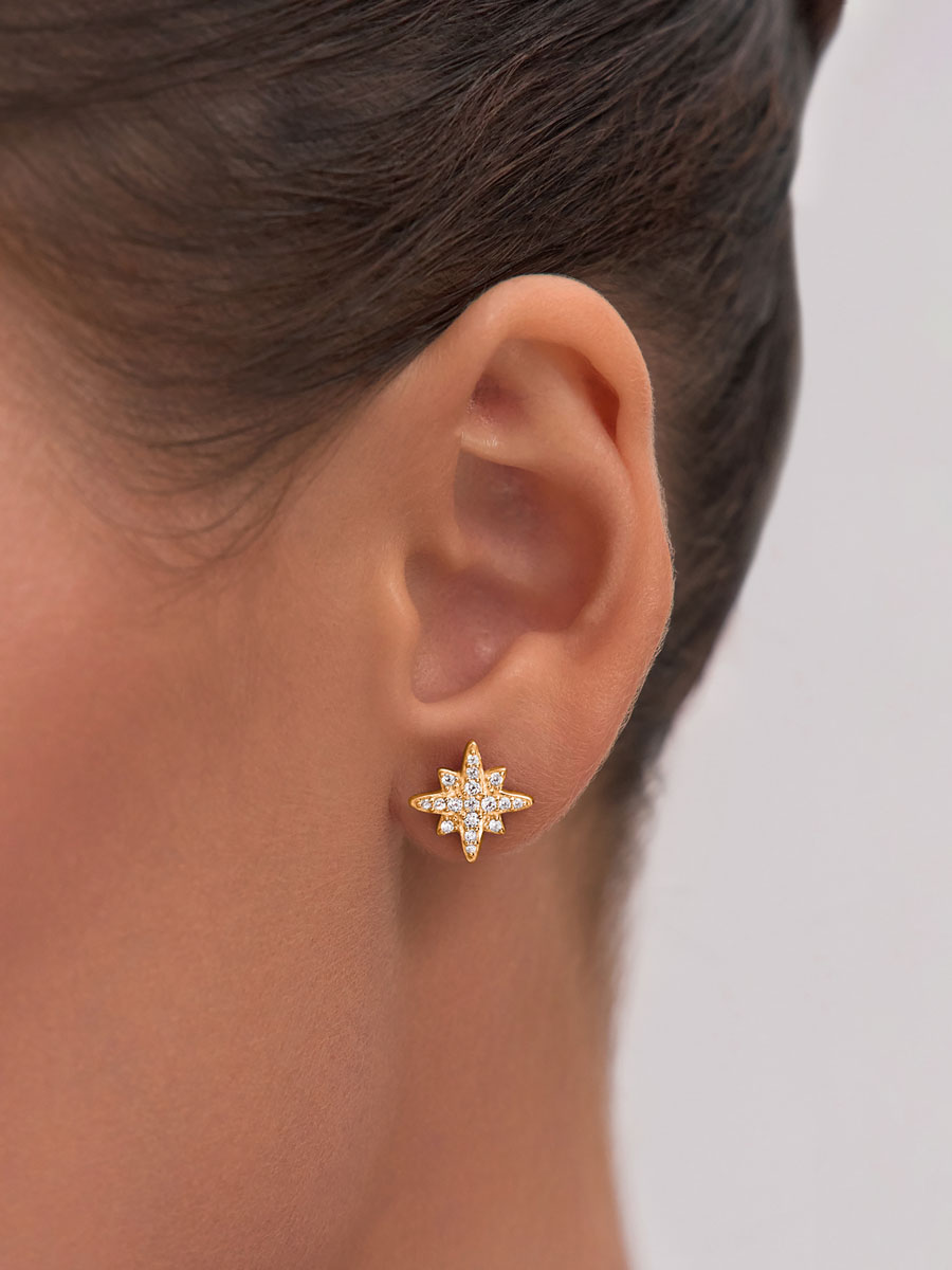 Серьги пусеты золотые 585 звезды с камнями фианитами | 6001826-00770