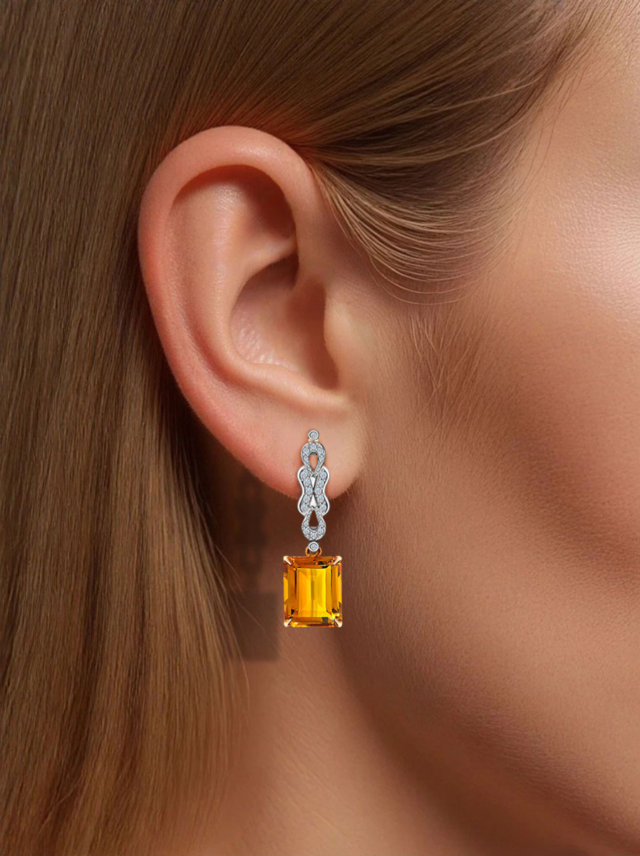 Серьги из золота 585 с цитрином и бриллиантами | 9201350-01600