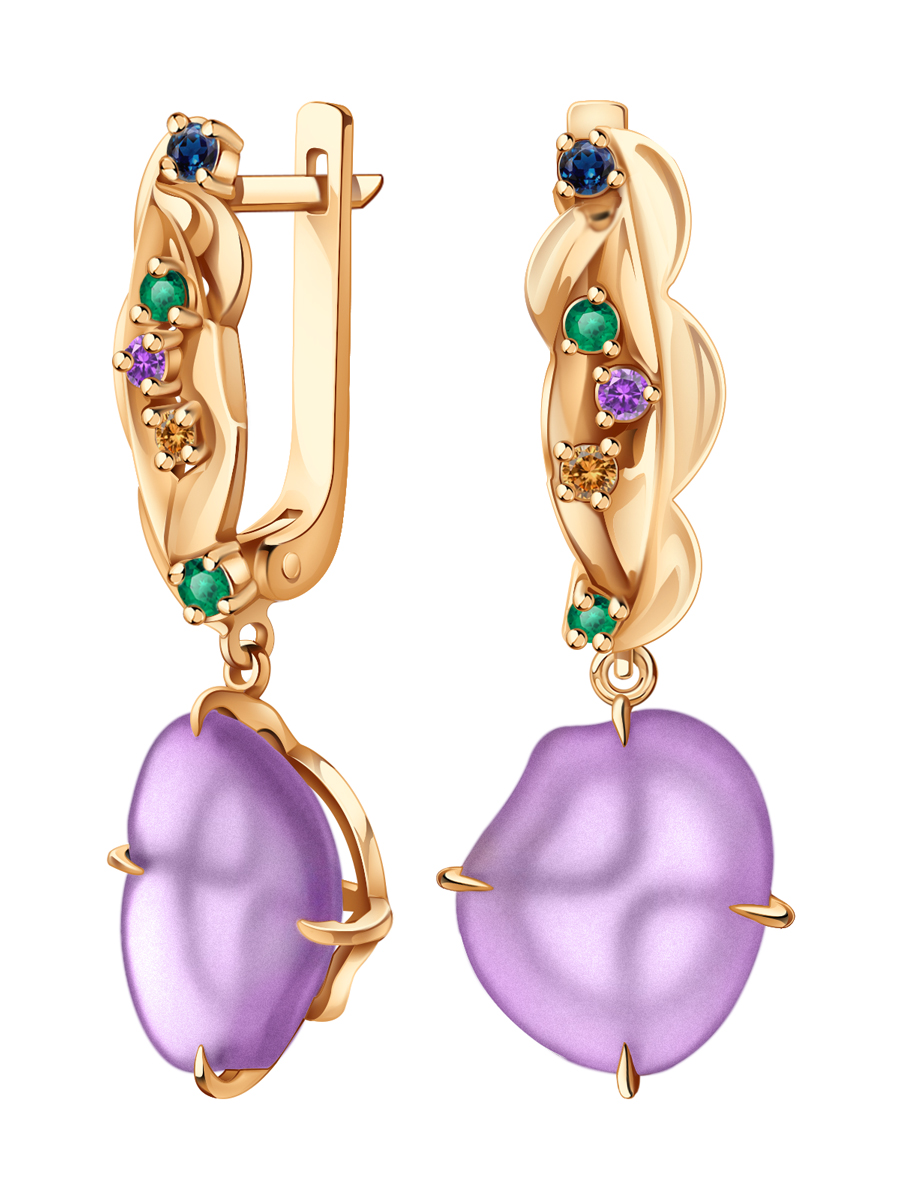 Серьги из золота 585 с аметистом и миксом драгоценных камней | 9201266-05710