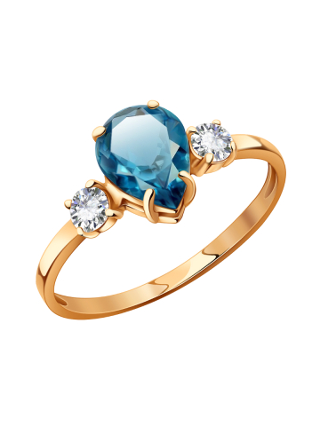 Кольцо золотое 585 с синим топазом и фианитами 