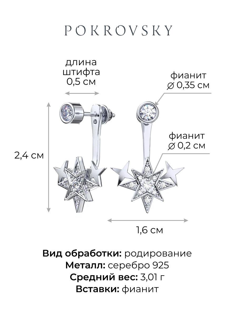 Серьги пусеты серебряные 925 с фианитами | 6001881-00775