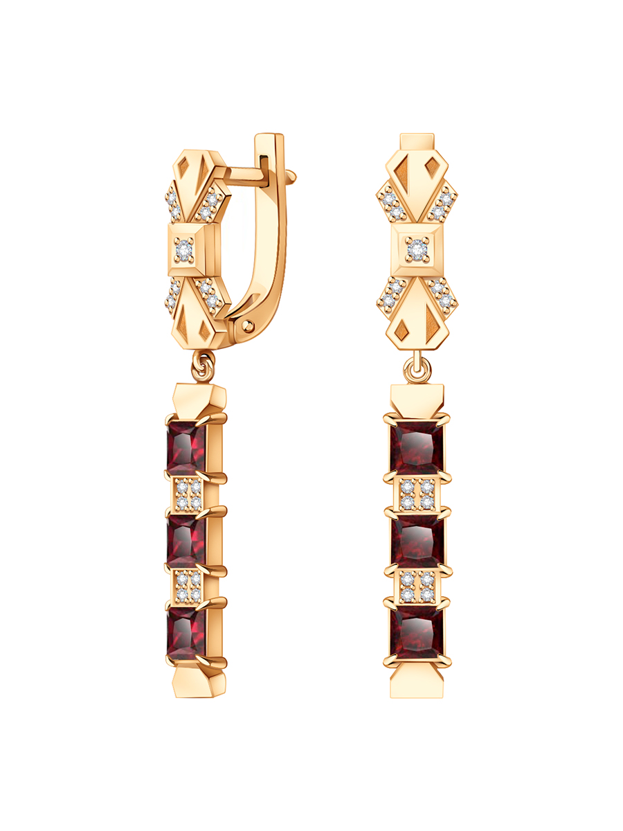 Серьги длинные из золота 585 с гранатами и бриллиантами | 9200938-02930