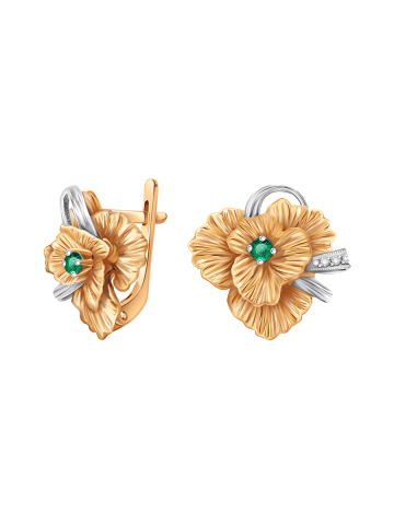 Серьги цветы золотые 585 с изумрудами и бриллиантами