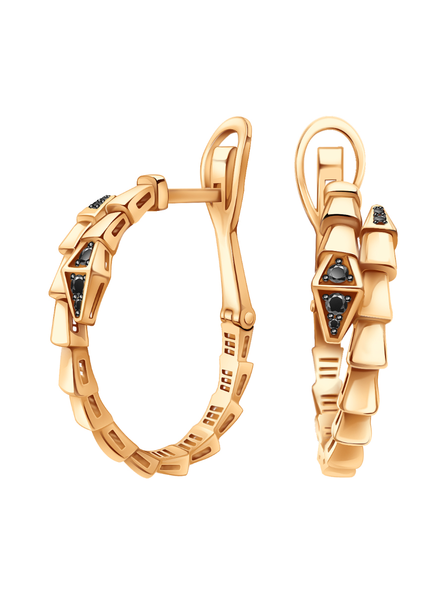 Серьги кольца золотые 585 змеи с черными бриллиантами 27 мм | 9201382-00040