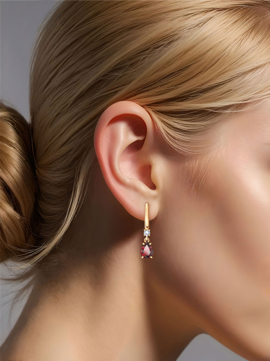 Серьги подвески золотые 585 с гранатами и фианитами  | 2101174-00320