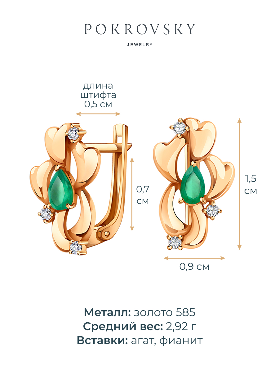 Серьги золотые 585 с изумрудными агатами и фианитами  | 2101400-10190