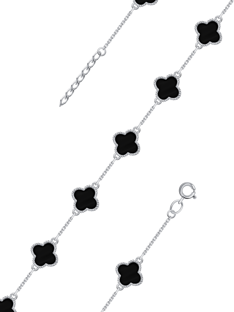 Браслет клевер серебряный 925 с черным агатом  | 0720866Л00185