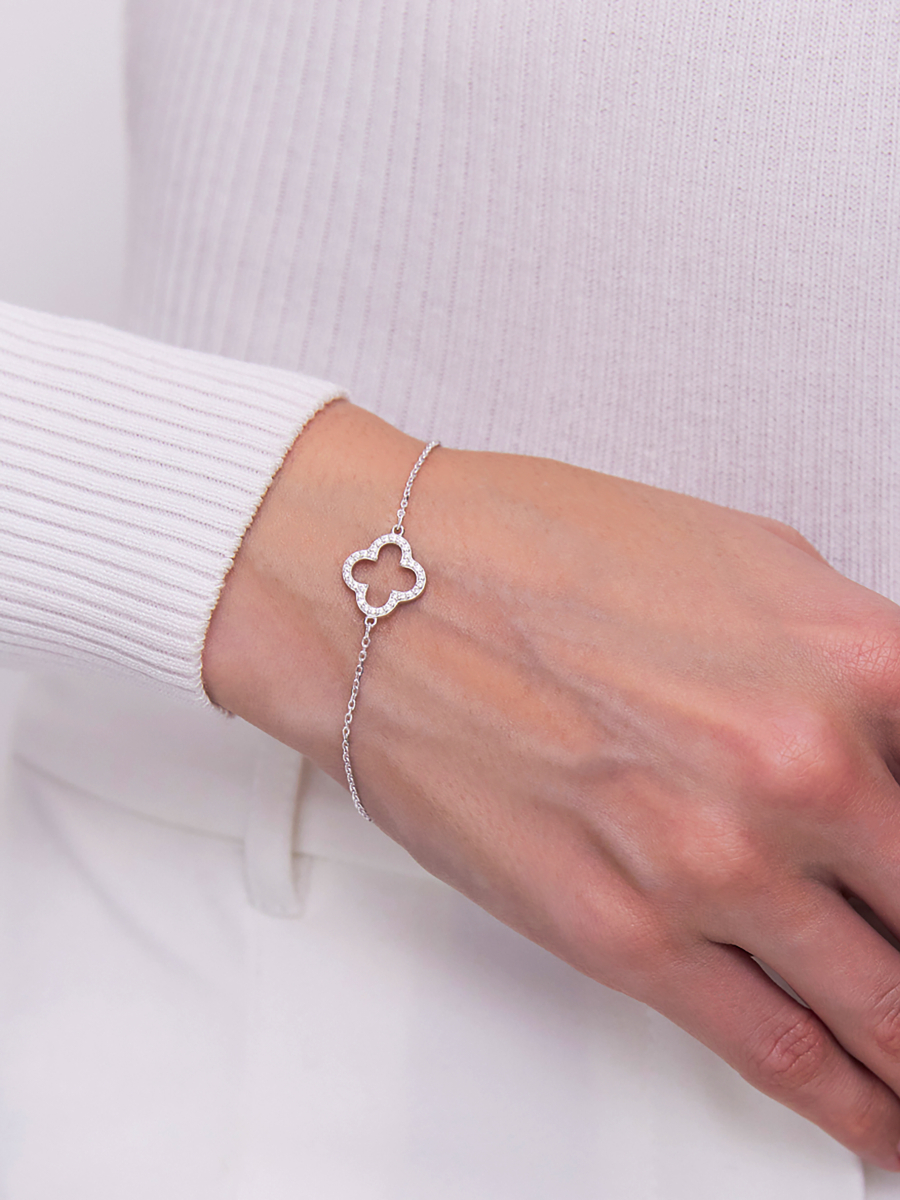 Браслет серебряный женский на руку 925 клевер с камнями фианитами | 0720711-00775