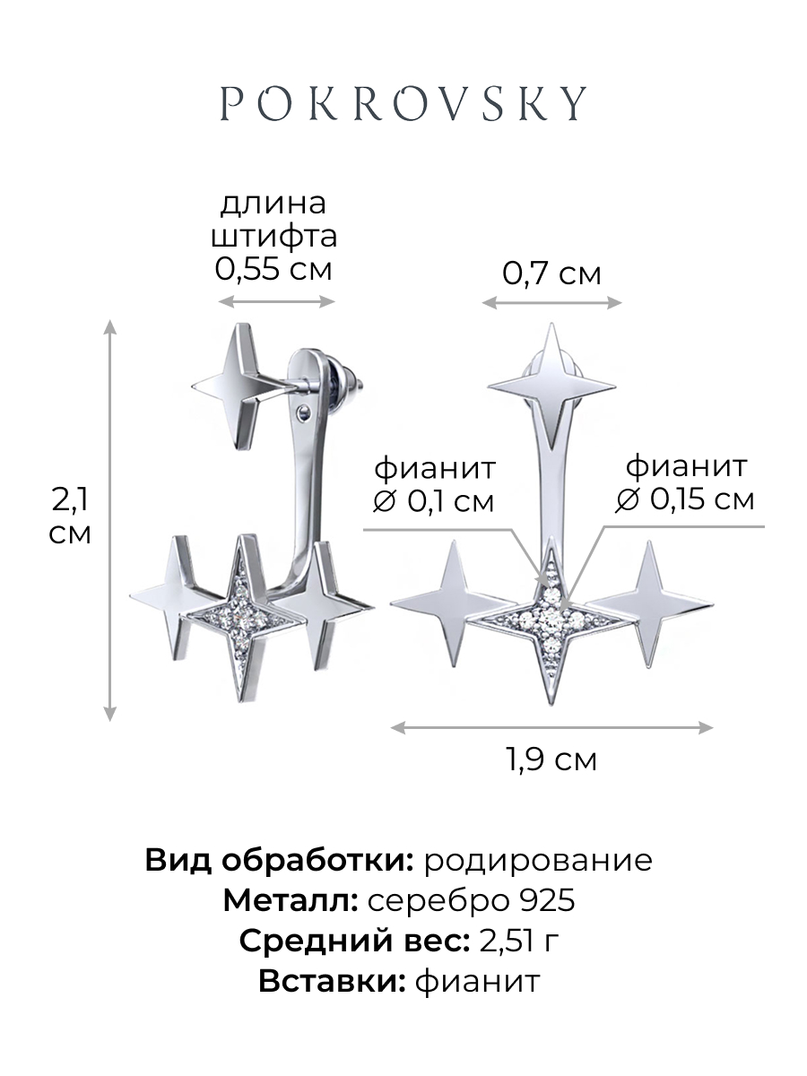 Серьги пусеты серебряные 925 с фианитами | 6001880-00775