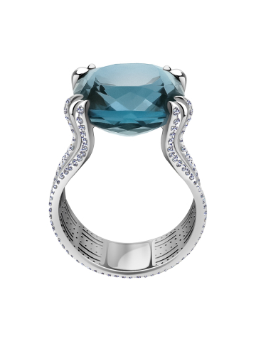 Кольцо из белого золота 585 с синим топазом  и бриллиантами
