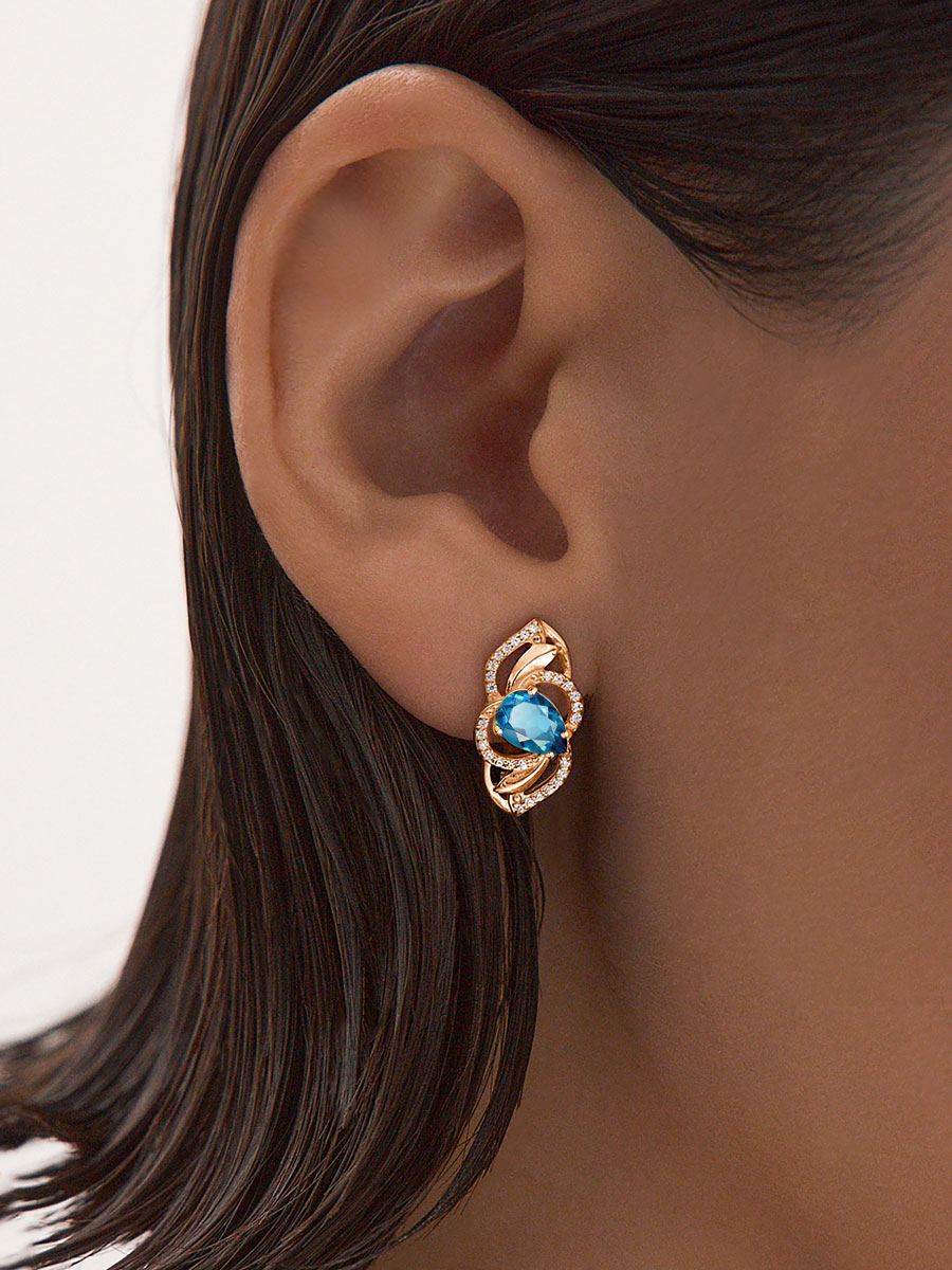 Серьги золотые 585 с лондон‑блю топазами и фианитами  | 2100980-00740