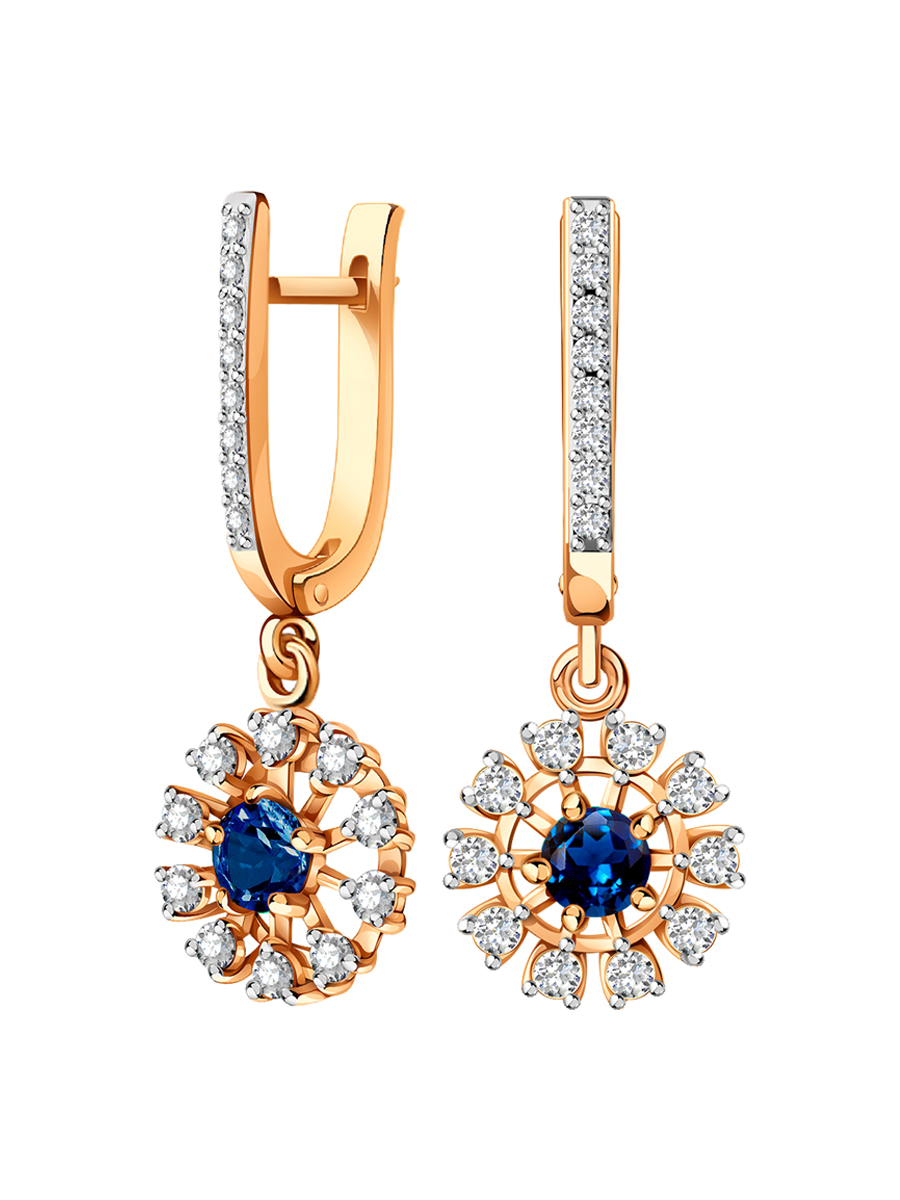 Серьги подвески золотые 585 с сапфирами и бриллиантами  | 2100236-00050