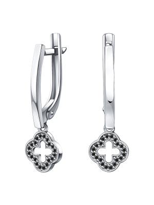 Серьги подвески из белого золота 585 клевер с черными бриллиантами