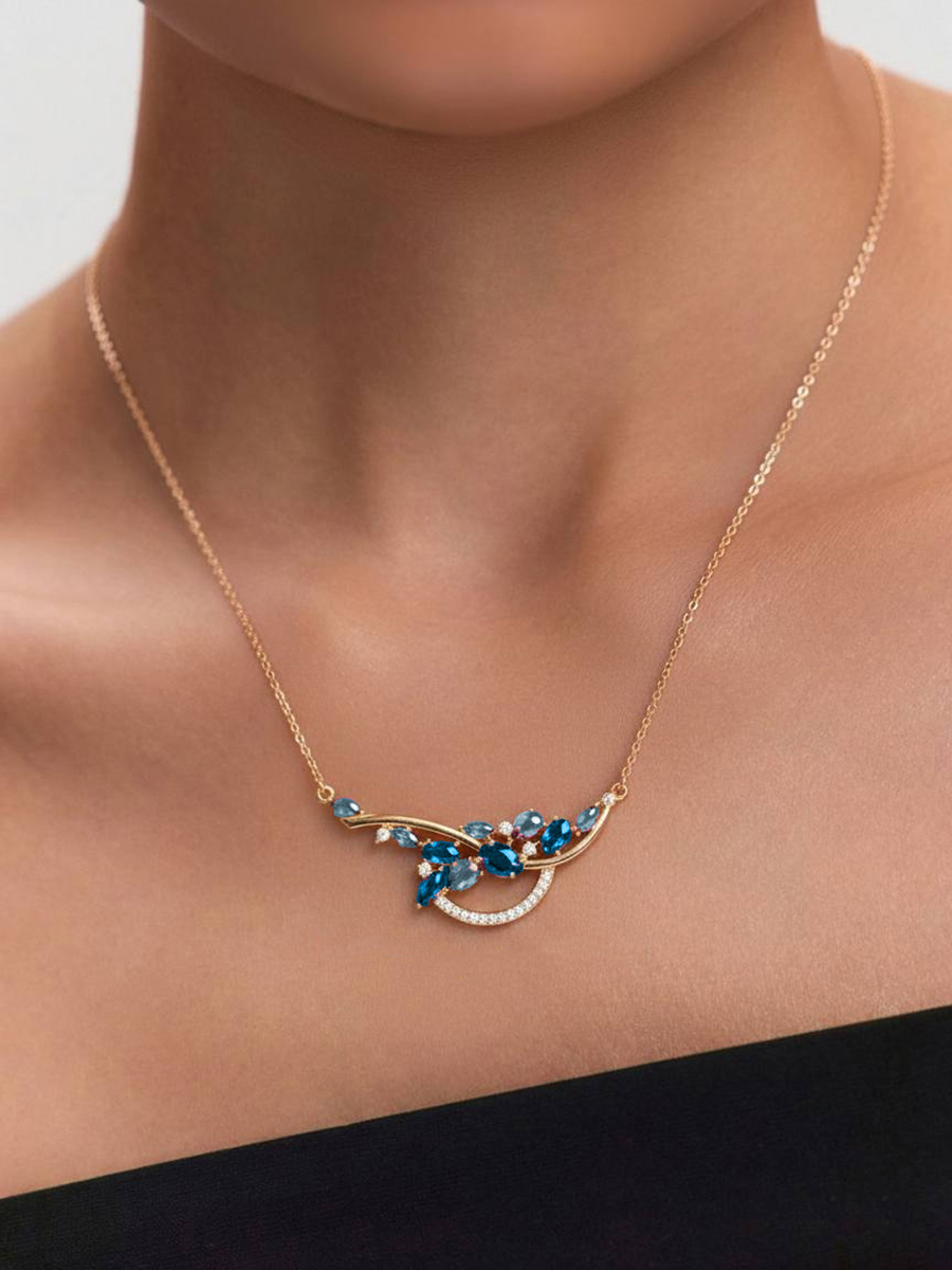 Колье золотое 585 с топазами лондон-блю и фианитами   | 0320458-01660