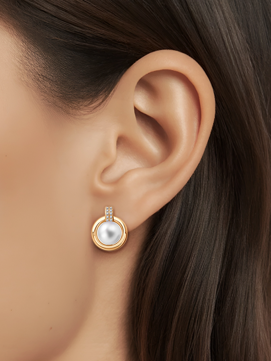 Серьги золотые 585 с белым жемчугом и фианитами  | 2101321-00400