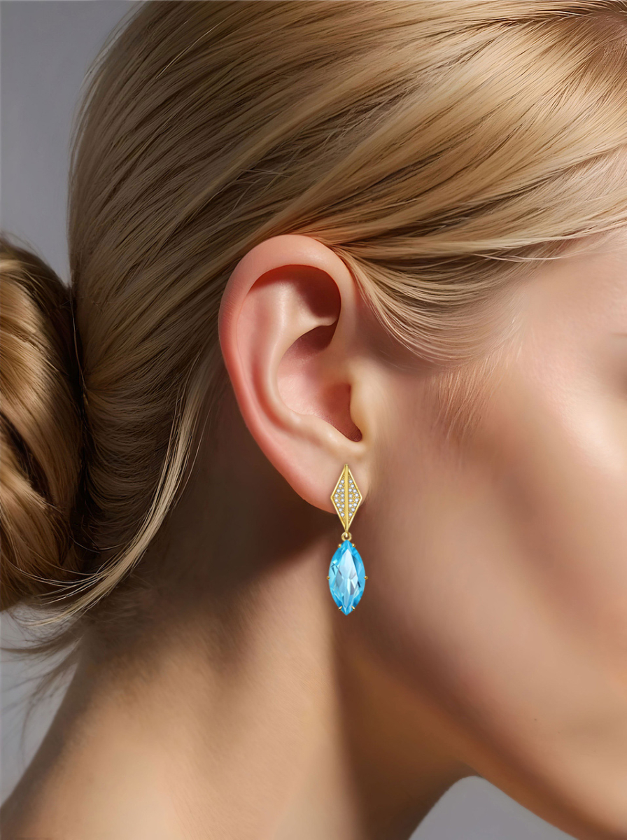 Серьги подвески золотые 585 с аквамарином и бриллиантами | 9201288-02921