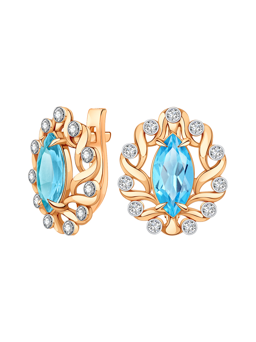 Серьги золотые 585 с голубыми топазами и бриллиантами | 9200865-02780            