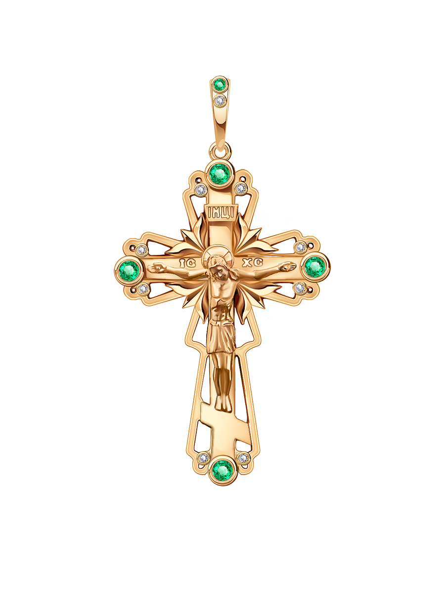 Крест православный золотой 585 с изумрудами и бриллиантами  | 0800249-00060