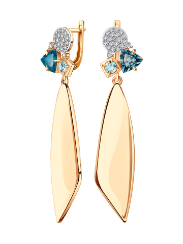 Серьги длинные золотые 585 с топазами и бриллиантами