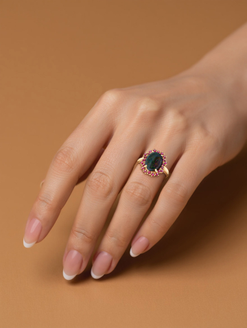 Кольцо золотое 585 с зеленым опалом и рубинами