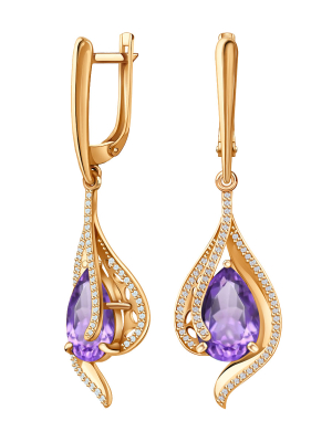 Серьги подвески золотые 585 с камнями аметистами и фианитами 
