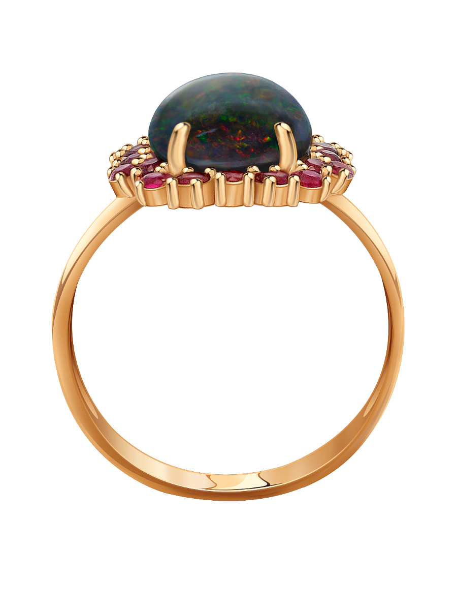 Кольцо золотое 585 с зеленым опалом и рубинами | 1101494-85000