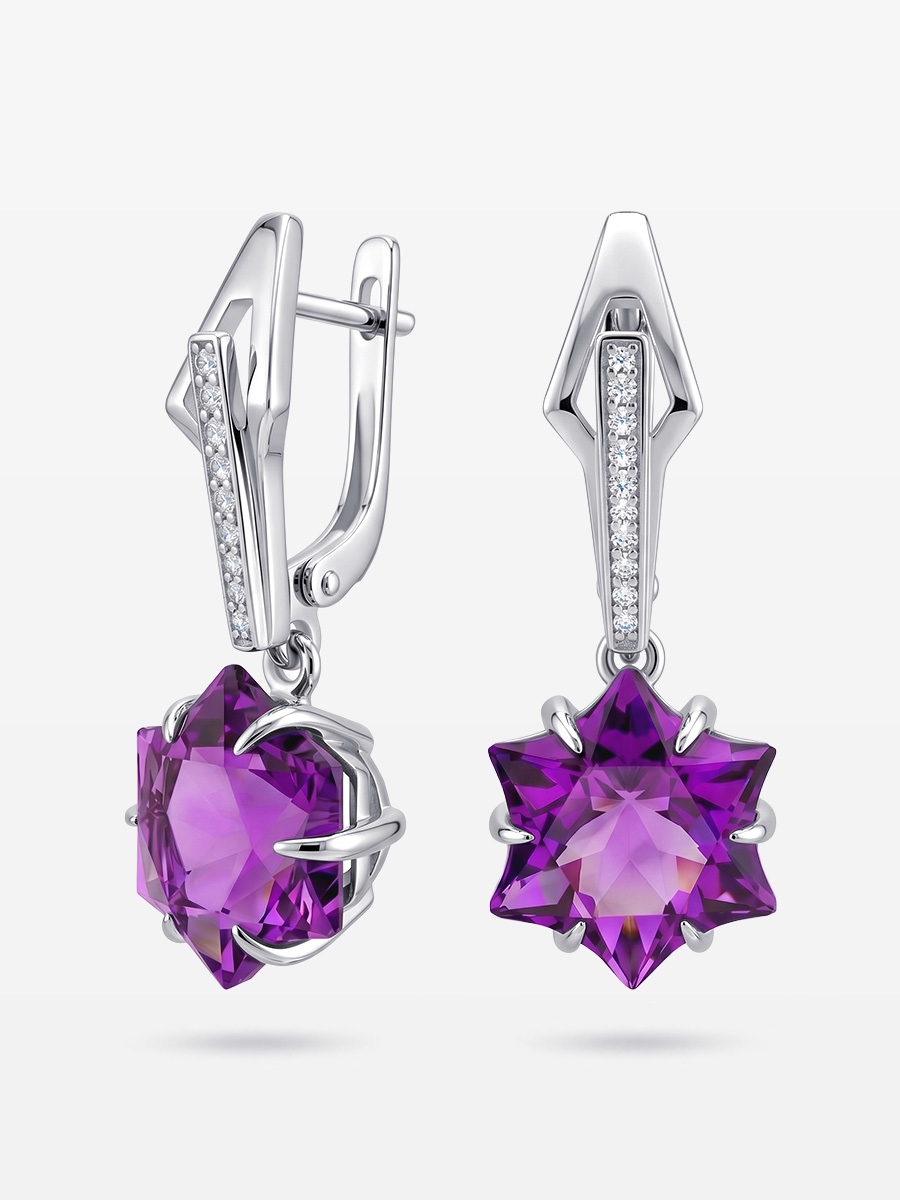 Серьги из белого золота 585 с аметистом и бриллиантами | 9201260-00172