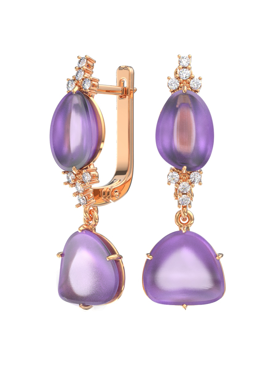 Серьги длинные из золота 585 с аметистом и бриллиантами | 9201252-00170