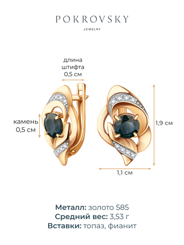 Серьги золотые 585 с синими топазами и фианитами 