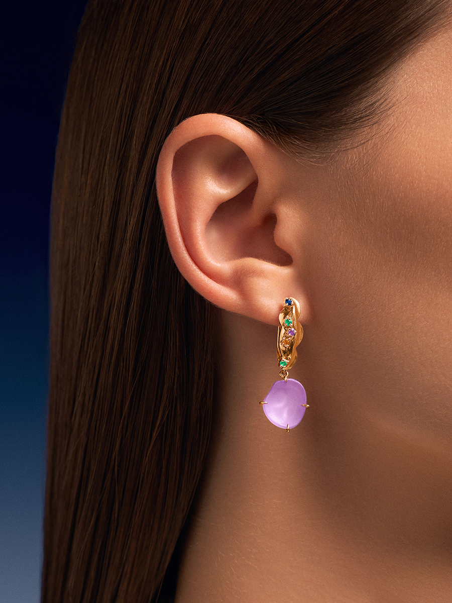 Серьги подвески золотые 585 с аметистом и миксом драгоценных камней | 9201266-05710
