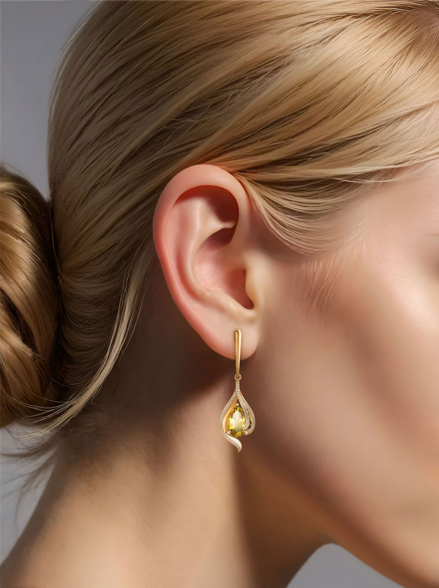 Серьги длинные из золота 585 с цитрином и фианитами | 2101257-00950