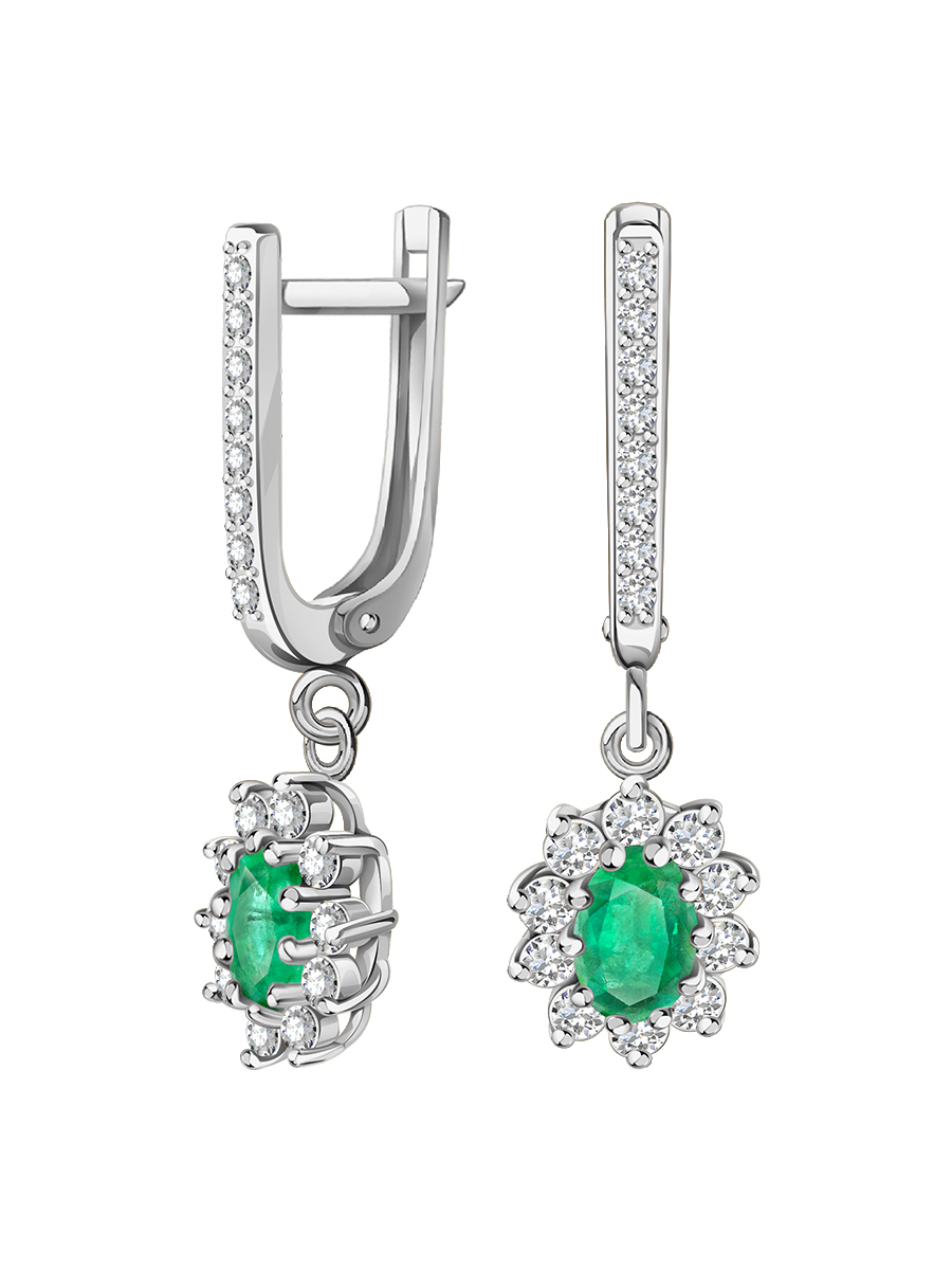 Серьги из белого золота 585 с изумрудами и бриллиантами | 2100258-00062