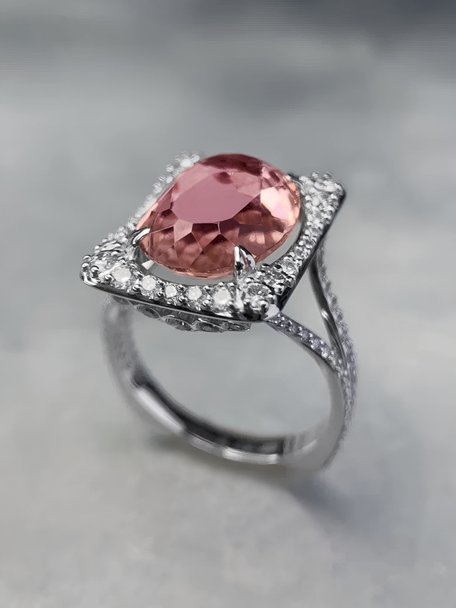 Кольцо из белого золота 585 с морганитом и бриллиантами  | 9101365-05082