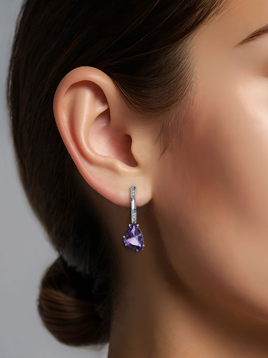 Серьги из белого золота 585 с аметистами и бриллиантами | 9201314-00172