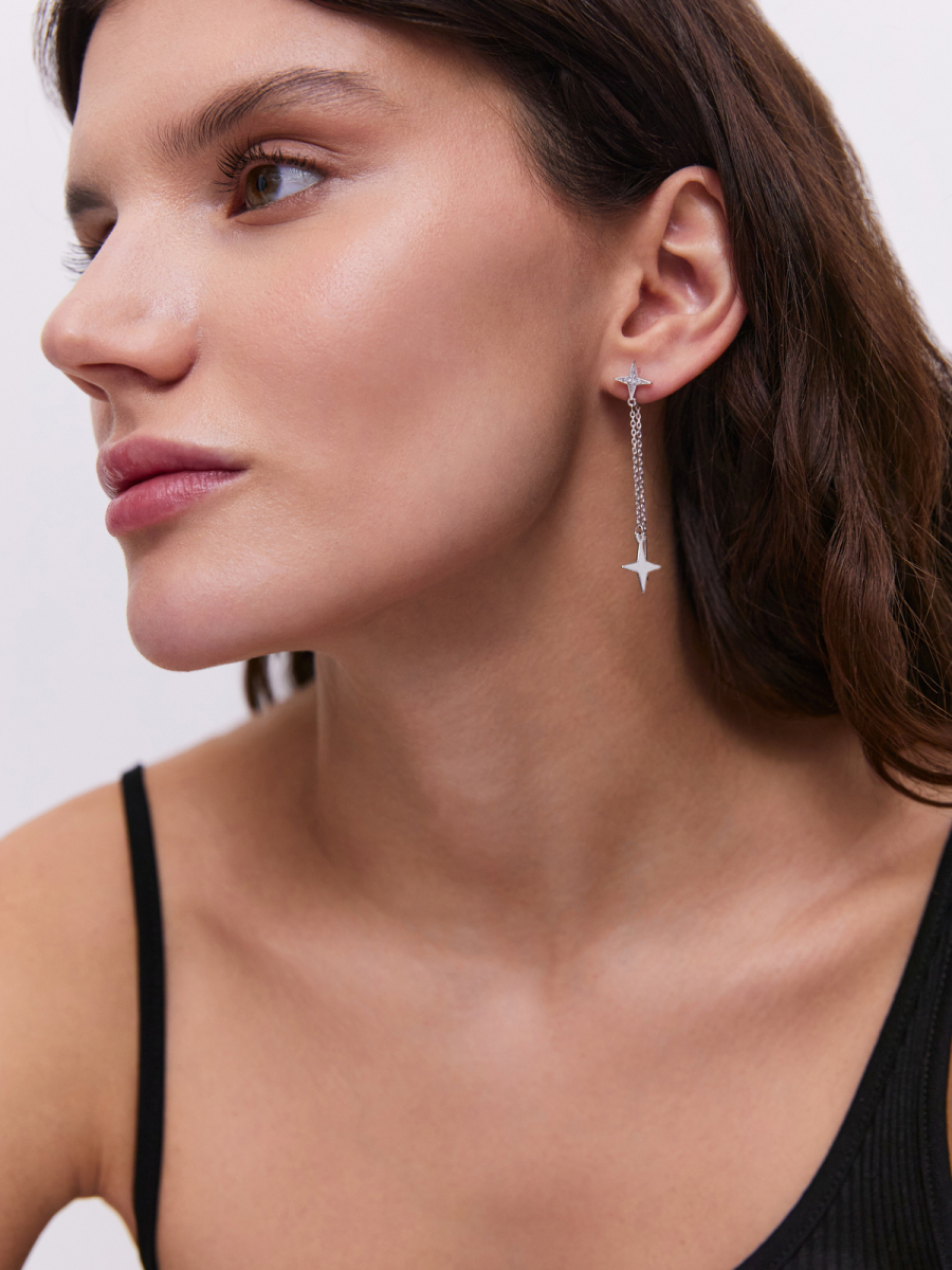 Серьги протяжки звёзды из серебра 925 с фианитами | 0221847-00775