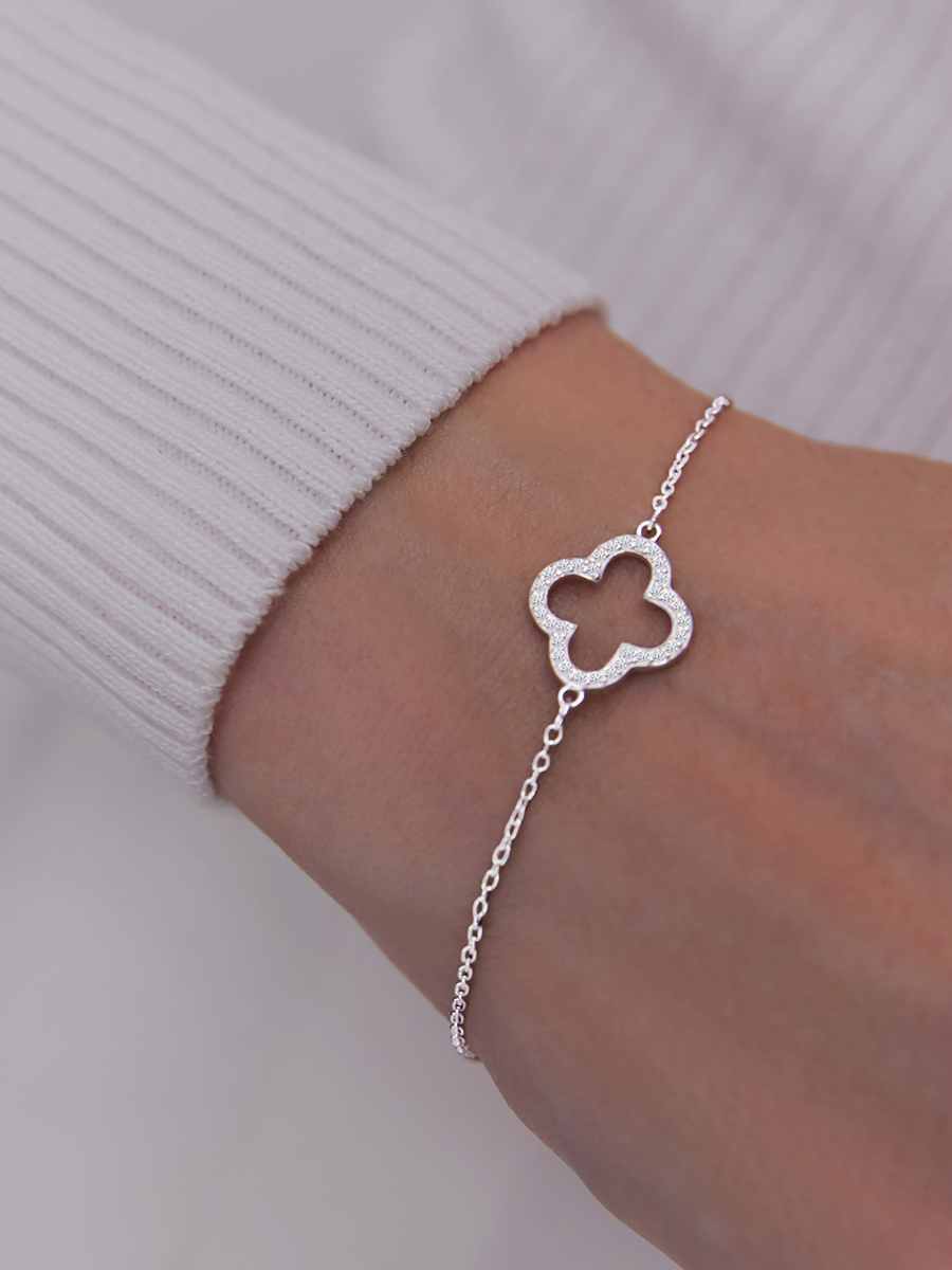 Браслет серебряный женский на руку 925 клевер с камнями фианитами | 0720711-00775