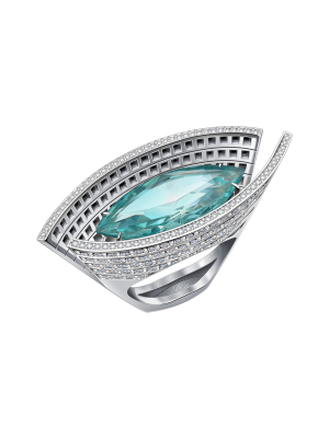 Кольцо из белого золота 585 с аквамарином аква сапфирами и бриллиантами 