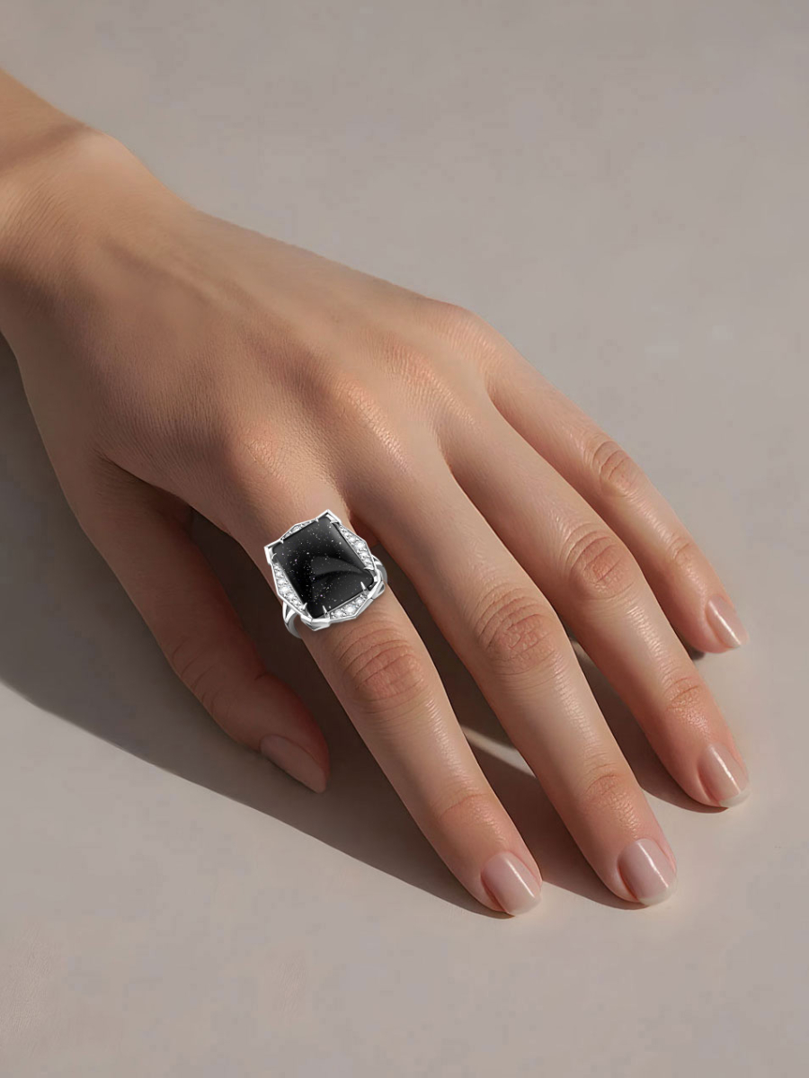 Кольцо из белого золота 585 с авантюрином и бриллиантами | 9101308-01772