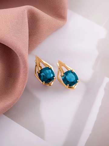 Серьги крупные золотые 585 с лондон‑блю топазами 